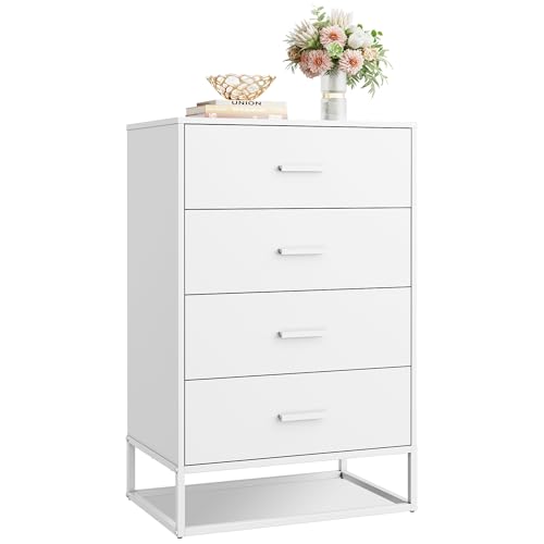 Image of WLIVE White Wood Dresser for Bedroom with 4 Drawers, Tall Chest of Drawers with Sturdy Metal Frame for Living Room, Hallway, Closet