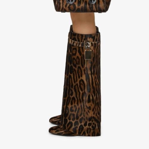 Image of keleimusi Fold Over Wedge Boots Heeled PadLock Pant Knee High Shoes Tall /Short Booties