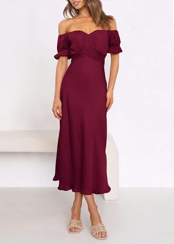 Image of KIRUNDO Women's Satin Summer Wedding Guest Cocktail Dress | 2026 Spring Fall Party Midi Dress, Silky, Elegant Off Shoulder Short Sleeve, Ruffle Mermaid Hem, Wrap Prom Formal Outfits