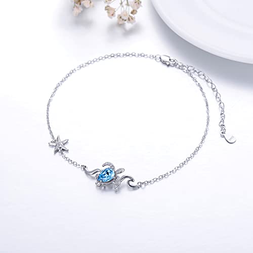 Sea Turtle Anklet Sterling Silver Ocean Animal Adjustable Foot Bracelet Anklet With Simulated Aquamarine Blue Crystal From Austria, Anklet Gifts For Women Girls #TOP2