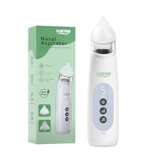 DUIEYNO Nasal Aspirator for Baby , Electric Nasal Aspirator for Baby & Toddler，2 Silicone Tips，Nose Sucker , 5 Levels of Adjustable Suction Power,Snot Sucker with Soft Music and Soothing Light(White)