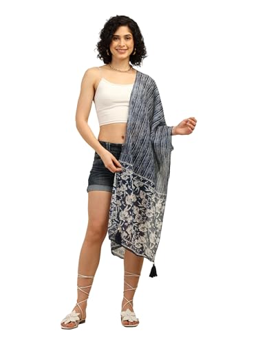 Image of KE KANHA EXPORTS Scarf for Women Premium Cotton Boho | Dual Tone Border Print Stole with Tassels | Lightweight Summer Beach Wrap 180 x 50 cm FREE Scrunchie Included