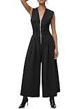 Cicy Bell Overol casual elegante con cuello en V para mujer, con cremallera fruncida, sin mangas, pierna ancha, traje de verano para profesor y trabajo, Negro, M