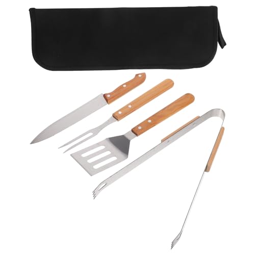 Set de Utensilios para Parrilla en Acero Inoxidable y Mangos de Madera 4 Piezas