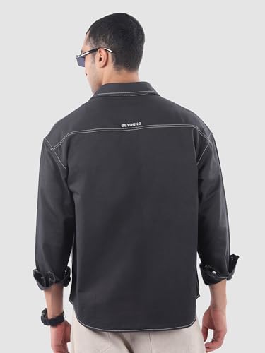 Image of Beyoung Cotton Contrast Stitch Relaxed Fit Shirt for Men | Dual Pockets | Full Sleeves | Casual Shirt