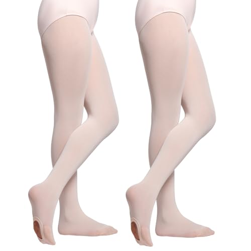 MANZI 2 Paar Ballettstrumpfhose mädchen mit Loch Durchscheinend Tanzstrumpfhosen für Mädchen 40 Denier Kinder Strumpfhosen für 7-10 Jahre Gr.120-135,M,Ballett Rosa