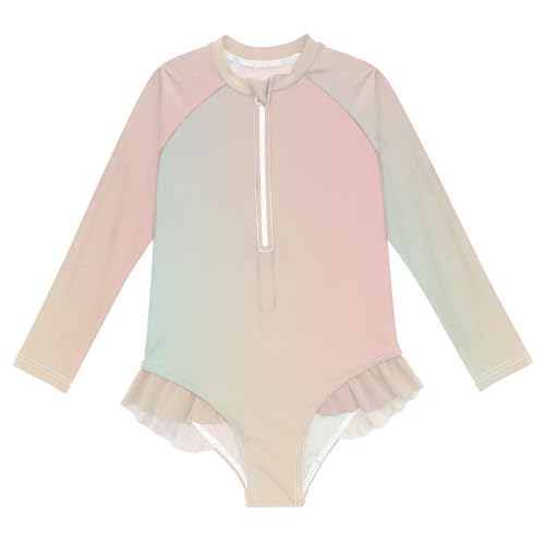 ALAZA Swimsuit for Girls Long Sleeve Rashguard Bathing Suit Pink Pastel Gradient Quick Dry 4T