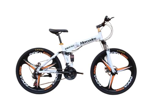 Image of Amaze Kai Dual Suspension Bikes Bm Foldable Gear Cycle for Men with 21 Speed Gear 6 Spoke | Folding Mountain Bike with Double Disc Break & Mac Wheel, 26 Inch, White N Black (White-Orange)