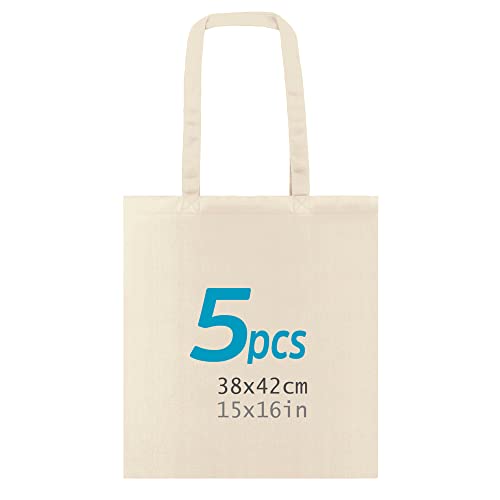 ENERGY FUSION Tote Bag, Lot de 5 sacs 100% coton naturel, à longues anses, lavables et réutilisables. Sac en jute. Cabas en Tissu à Poignées Solides pour...