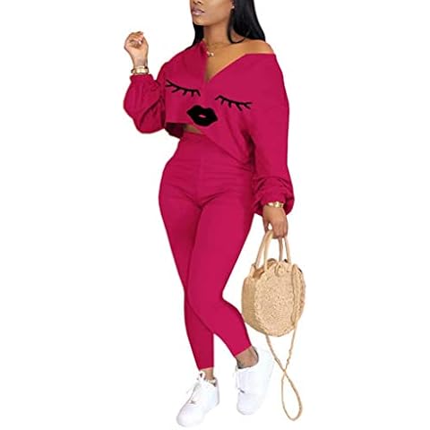 Sexy 2 Piece Sports Outfit-Set - Funny Printed V Neck Zip Front Long Sleeve Sweatshirt Crop Top Skinny Pants Tracksuit Rose Red M Cover