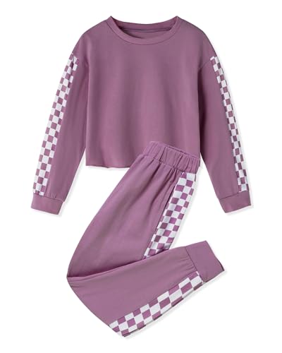 Image of SANMIO Toddler Girl Clothes 2 Piece Outfits Girls Tracksuit Activewear | Long Sleeve Crewneck Checkered Sweatshirts and Sweatpants Casual Fall Winter Clothing Set