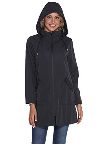 GUANYY Women's Waterproof Raincoat Outdoor Hooded Windbreaker Jacket Casual Long Lightweight Jackets Coat (Black, X-Large)