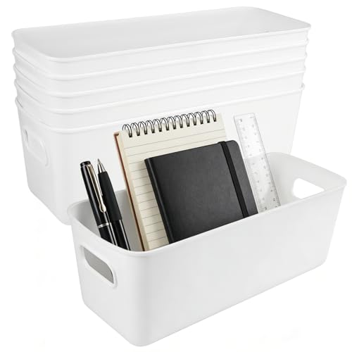 6 Stück Aufbewahrungsboxe aus Kunststoff mit Griffen, 26.5x10x10 cm Boxen Aufbewahrung Klein, Plastik Aufbewahrungsbox Ohne Deckel, Weiß Organizer Boxen für Küche, Badezimmer, Büro, Kinderzimmer