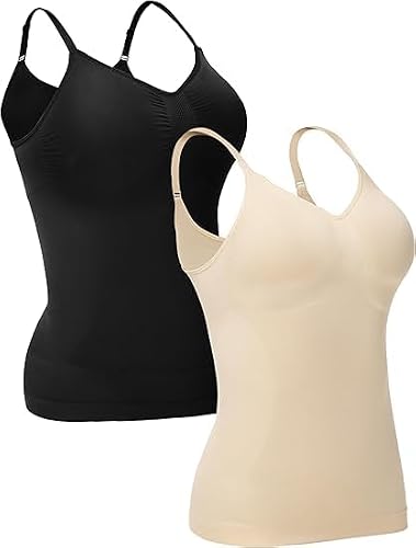 ATTLADY Compression Tank Tops for Women, 2-Pack, High Shaping Scoop & V-Neck Cami, Shapewear Tummy Control Camisole