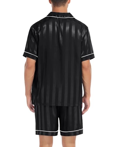 Image of SWOMOG Men Satin Silk Pajamas Sets Short Sleeve Sleepwear Button-Down PJs Sets Two-Pieces Loungewear with Pockets