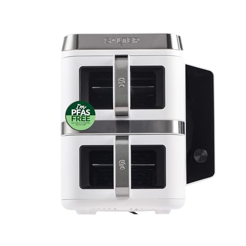 Salter VertiCook View Air Fryer - Vertical Double Drawers, Cook On 4 Levels, XL 9L Capacity - 2 x 4.5L Baskets, 2 Drawers & 2 Racks, Space Saving, 12 Functions, Sync & Match, PFAS-Free, 2400W, White