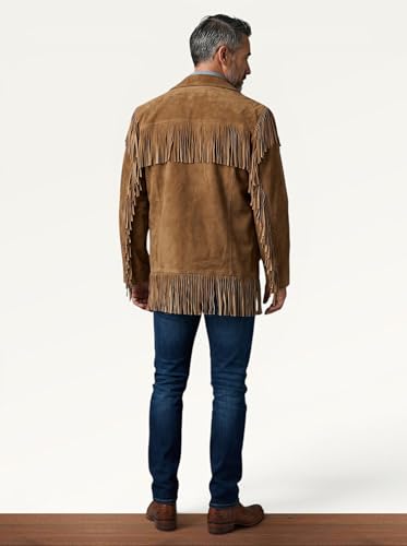 Image of Men's Suede Fringe Jacket Western Cowboy Style Genuine Leather Coat with Button Closure, Black Brown Cognac