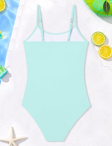 Image of AGAPENG Girls Swimsuit One Piece Ruched Solid Color Bathing Suit for Girls Ribbed Adjustable Straps Pad Swimwear 9-16Y