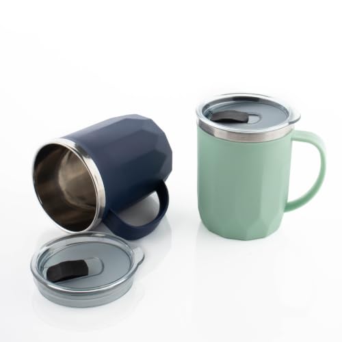 Image of MAGIC SPOON Stainless Steel Travel Coffee Mug with Sipper Lid & Handle, Insulated Tea Cup, BPA-Free Double Wall Tumbler for Hot-Cold Beverages, Office, Home, Car- Pista-Navy, (Combo Pack (400ml X 2))