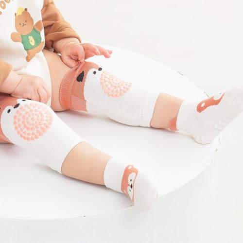 Mezrkuwr 3 Paar Baby Knieschoner und 3 Paar Baby Socken Krabbeln set, Anti Rutsch mit Gummipunkte Krabbelschoner Stulpen Knieschützer für Kleinkinder 0-12 Monate, Niedliche Cartoon-Muster