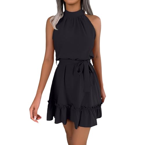 BIBOKAOKE Vestido de mujer con escote halter y detalle de volantes, vestido liso sin mangas acampanado, cómodo vestido de verano para ocasiones informales, Estilo#x01 Negro, M