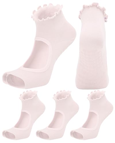 3 Pairs Pilates Socks Toeless with Grips Non Slip Ruffle Yoga Socks Grip Socks for Women