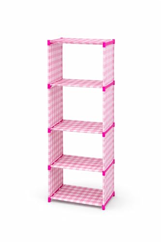Image of Bumusty 5-Tier Shoe Rack, Pink Gingham Pattern, Fabric Storage Organizer, Space Saving Design Multipurpose Foldable Storage Rack, Bookshelf (5 Layer with Cover)