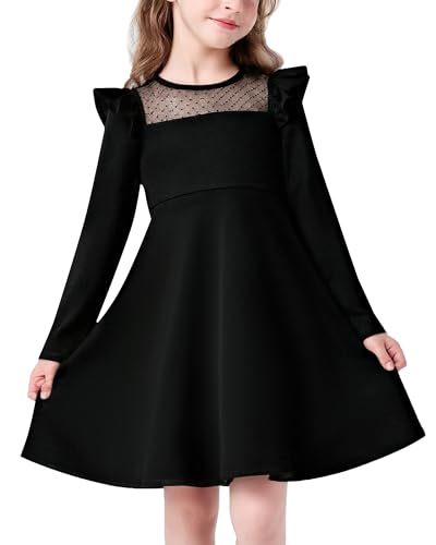 Consejos para Comprar Talla 14 del mes. 43 Hvididan - Vestido casual para niñas, cuello redondo, lindo vestido de fiesta de malla con volantes, manga larga para niñas y adolescentes, talla 5-14 años, Negro -, 13-14 Años