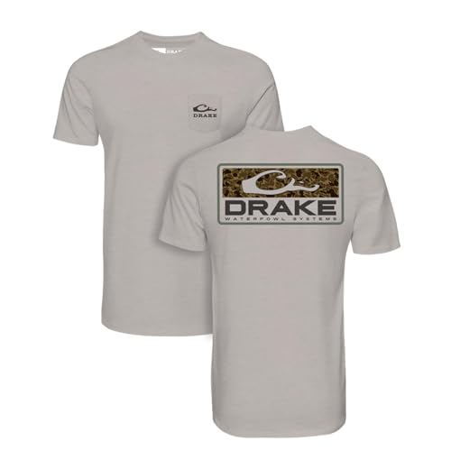 Drake Waterfowl Men's Old School Bar T-Shirt | Casual Lightweight Cotton Blend Tee with Back Logo Print & Front Chest Pocket, Wind Chime, XX-Large