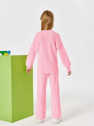 Image of Haloumoning Girls 2 Piece Outfits Kids Long Sleeve Crewneck Sweater Drawstring Wide Leg Long Pants Sweatsuits Sets 5-14T
