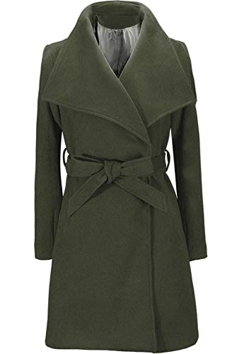 Omzin Women's Tie Belt Lapel Fit Pea Coat Winter Midi Classic Coat Army Green M #TOP12