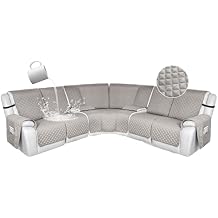 HDCAXKJ 100% Waterproof Reclining Sectional Couch Covers L Shape Recliner Sofa Cover Washable Quilted Soft Pet Dog Corner Recliner Slipcovers with Pockets 5 Seat and 2 Middle Console, Light Gray