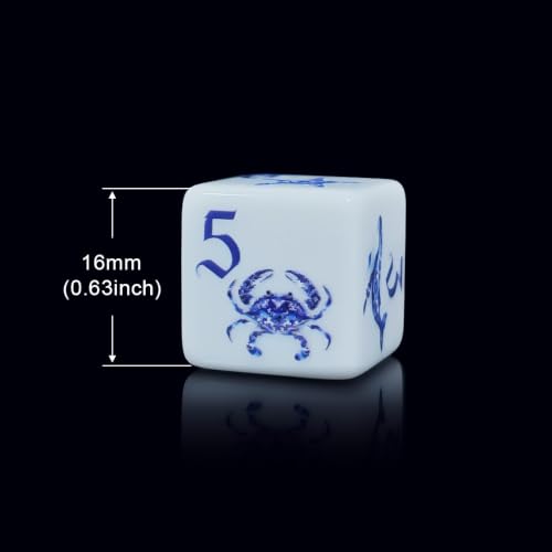 12PCS 16mm White Acrylic Printed D6 Dice Set, Blue and White Porcelain Marine Creature Pattern Six-Sided Dice, Octopus Whale Crab Jellyfish Starfish Conch Dice for DND RPG Tabletop Game Ocean Theme - Image 5