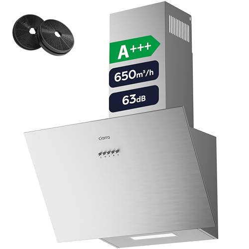 CIARRA CBCS6762A A+++ Kopffreie Schräghaube Dunstabzugshaube 60 cm Umluft 650 m³/h mit CBCF003 Aktivkohlefilter Abluft Abzugshaube Umlufthaube Edelstahl Silber