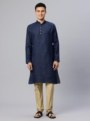 Image of Majestic Man Men's Cotton Regular Fit Traditional Mandarin Collar Ethnic Motifs Solid Long Kurta