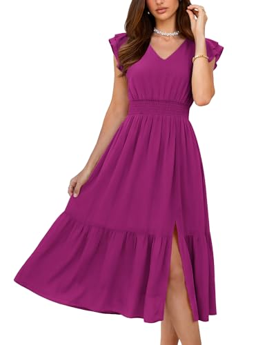 Image of GRACE KARIN 2026 Womens Summer Dresses V Neck Ruffle Sleeve Floral Boho Beach Dress A-Line Swing Midi Wedding Guest Sundress