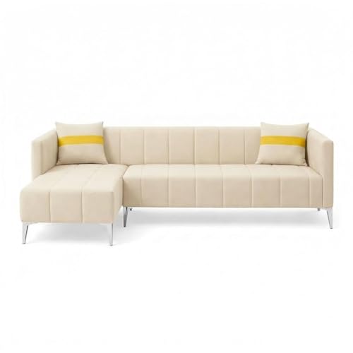 Image of Solomon Luxe Velvet-Suede Fabric 5 Seater LHS L Shape Sofa | Comfortable & Spacious Seating | Modern Sofa for Living Room - Cream