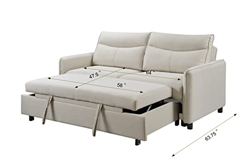 Erye 3-In-1 Loveseat Futon Sofa Convertible Queen Size Bed With Pull Out Sleeper Couch Bed & Reclining Backrest For Living Room Furniture Sets Sofabed, Beige #TOP7