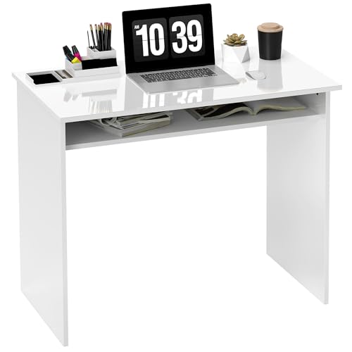 HOMCOM Modern Computer Desk, Home Office Table, Small Writing Desk with Storage Shelf, 90 x 50cm, High Gloss White