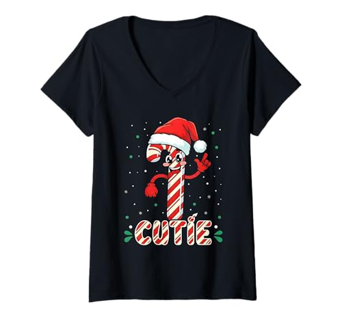 Mujer Christmas Candy Cane Cutie Santa Hat Family Matching Pajama Camiseta Cuello V