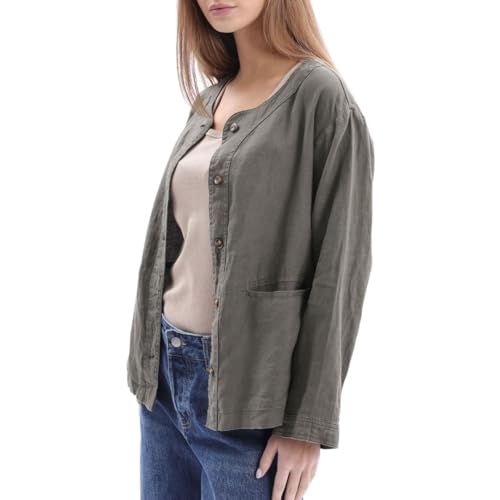Image of Amazhiyu Women's 100% Linen Long Sleeve Button Up Crew Neck Lightweight Cardigan
