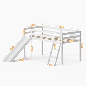 Low Loft Bed with Slide, Wood Twin Loft Bed Frame with Climbing Ladder & Storage Space for Kids Toddler (White) Low Loft Bed with Slide Wood Twin Loft Bed Frame with Climbing Ladder Storage Space for Kids Toddler White