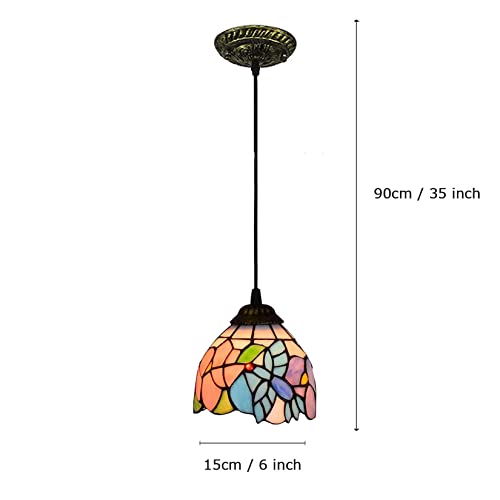 6 Inches Tiffany Style Pendant Ceiling Light Pastoral Stained Glass Pendant Lamp Fixture For Restaurant Hallway Kitchen Bar Hanging Lighting,110-240V,E27,40W(15×90Cm),D #TOP3