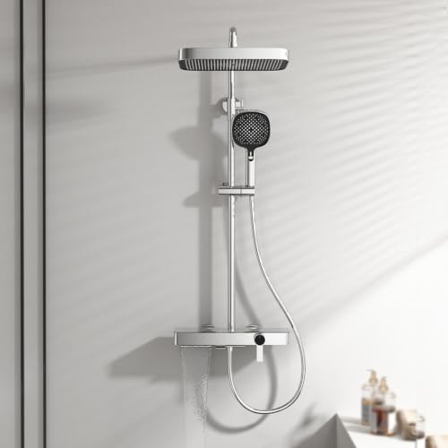 BiaoTeng Columna de Ducha Cuadrada con Grifo Cascada 3 Modos agua Fría y Caliente en Laton Set Columna Ducha Altura Ajustable Cromado