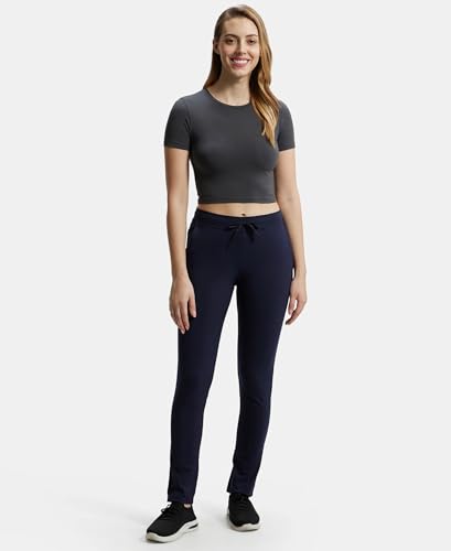 Image of Jockey 1301 Women's Super Combed Cotton Elastane Stretch Slim Fit Trackpants with Side Pockets Navy Blazer XL