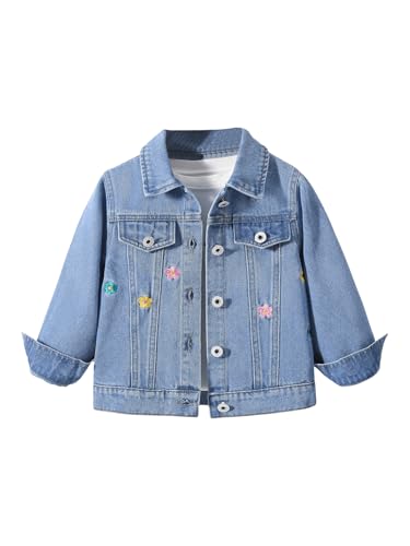 Verdusa Girl's Floral Embroidery Jean Jacket Button Up Long Sleeve Denim Jackets