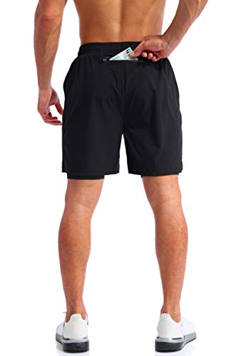 Image of Pudolla Men's 2 in 1 Running Shorts 5 inch Quick Dry Gym Athletic Workout Shorts for Men with Phone Pockets