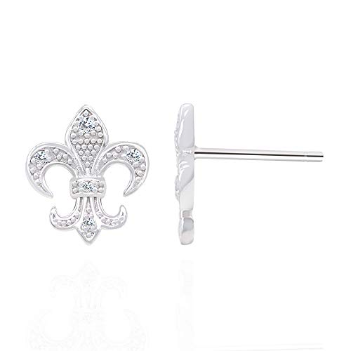 Spoil Cupid Rhodium Plated 925 Sterling Silver Cubic Zirconia Fleur De Lis Lily Flower Stud Earrings