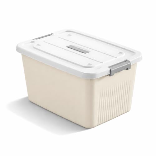 Image of HoopVool Plastic Storage Bin with Locking Lid, Sturdy and Versatile Home Organizer, Available in Multiple Color And Size. (CREAM, PACK OF - 1, LARGE - 14 X 10.2 X 6.3 INCH)