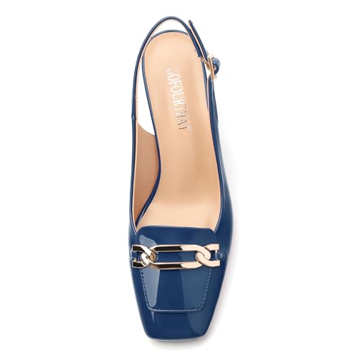 Women's Pumps Slingback Chunky Block Heels Square Closed Toe Strappy Patent Pumps Comfortable Casual Party Dress Shoes 2.5 Inch Navy Blue Patent Size 73